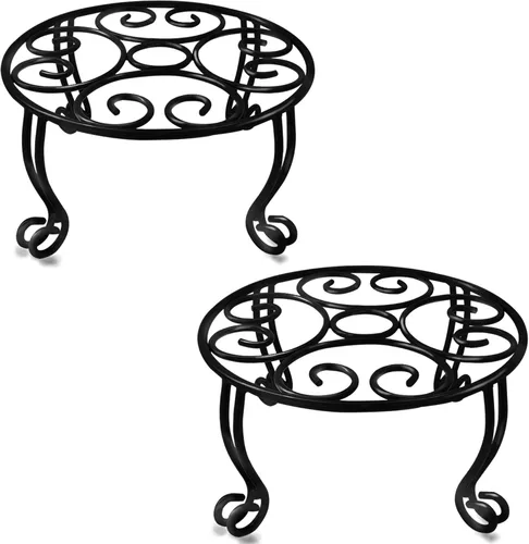 TREEZITEK Paquete de 2 soportes de hierro resistente para plantas, 11.8 pulgadas de diámetro, 6 pulgadas de alto, negro, recubrimiento en polvo,