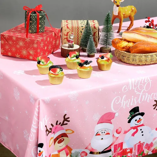 Miniatura 4 de Tiamon Mantel de Navidad rosa de 60 x 84 pulgadas para mesa rectangular, tela lavable a prueba de agua, cubierta de muñeco de nieve y Papá Noel