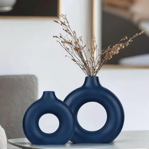 Juego de jarrones de cerámica azul – 2 jarrones circulares de dona para decoración de estilo rústico o de granja, detalles azules modernos para sala