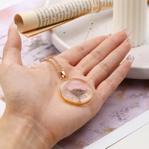 Miniatura 6 de BIRDAYPRE Handmade Pressed Flower Pendant Necklace Birth Flower Necklaces Round Resin Necklace for Women Girls 18K Gold Plated Chain Flower Jewelry