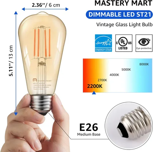 Miniatura 2 de MASTERY MART Bombilla LED vintage E26 regulable, 2200 K, blanco cálido, equivalente a 5.5 W 60 W, estilo Edison antiguo ST19, 400 LM, bombilla