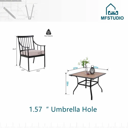 Miniatura 7 de MFSTUDIO Juego de comedor de 5 piezas de metal para patio, juego de muebles para exteriores con 1 mesa cuadrada de madera y 6 sillas de respaldo