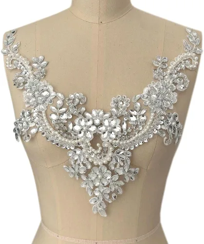 Miniatura 12 de Parches de encaje con flores y cuentas de perlas, apliques de strass para coser en ropa, cuello (AB)