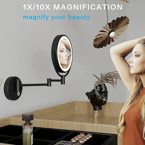 Miniatura 3 de Espejo de maquillaje LED con luces y aumento de 10x, espejo de tocador montado en la pared, redondo, de doble cara, con brazo extensible giratorio
