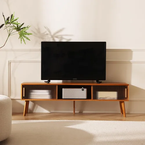 Miniatura 13 de Baveke Soporte de TV de bambú centro de entretenimiento, soporte de televisión moderno de mediados de siglo para televisores de 50-55 pulgadas