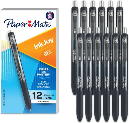 Paper Mate InkJoy - Bolígrafos de gel con punta fina, tinta negra 0.5mm, agarre ergonómico de confort, caja de 12
