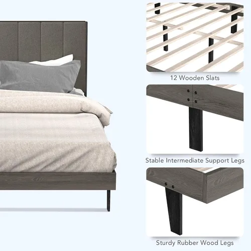 Miniatura 6 de Giantex Base de cama tapizada, soporte de listones de madera, base de colchón Queen con cabecera copetuda, cama de plataforma con patas de madera