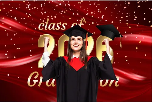 Miniatura 3 de Telón de fondo de 5 x 3 pies para fotografía de graduación de la clase dorada de 2026, gorra de soltero negra, tela de seda de lujo roja