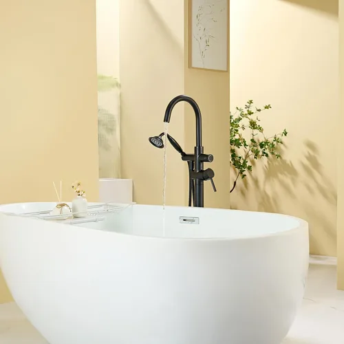 Miniatura 5 de Wowkk Llenador de bañera independiente grifo de bañera negro montado en el suelo grifos de bañera de baño de latón con ducha de mano