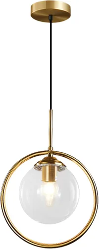 BOKT Luz colgante de globo de vidrio de burbujas transparente, círculo dorado cepillado, iluminación colgante redonda de mediados de siglo, moderna