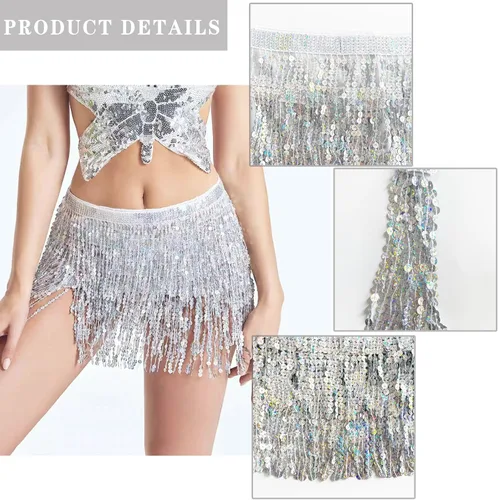 Miniatura 3 de dmjuncong Falda de danza del vientre para mujer, falda de lentejuelas con borlas y bufanda, disfraz brillante para Navidad, fiesta de Halloween