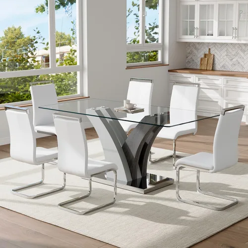 Miniatura 13 de Juego de mesa de comedor de cristal para 6, juego de mesa de cocina de 71 pulgadas para 6, juego de mesa de comedor grande con sillas de piel