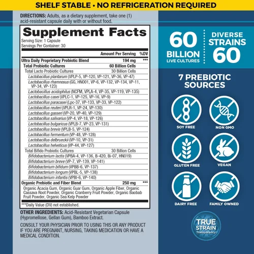 Miniatura 2 de Vital Planet - Vital Flora Ultra Daily Probiotic 60 mil millones de UFC, 60 cepas diversas, 7 prebióticos orgánicos, apoyo inmunológico, probióticos