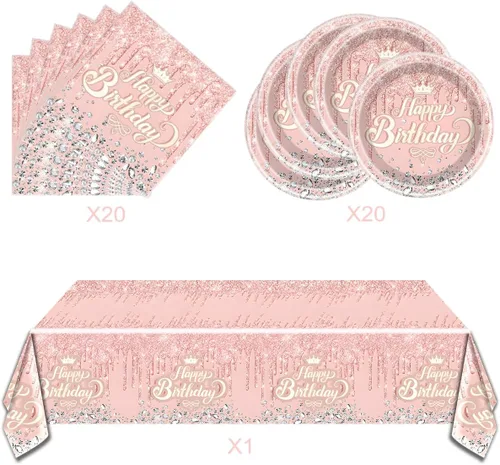 Miniatura 3 de Juego de vajilla de fiesta rosado oro rosa, tema de feliz cumpleaños rosado, 20 platos y 20 servilletas y manteles de 71'' x 42'' para niñas