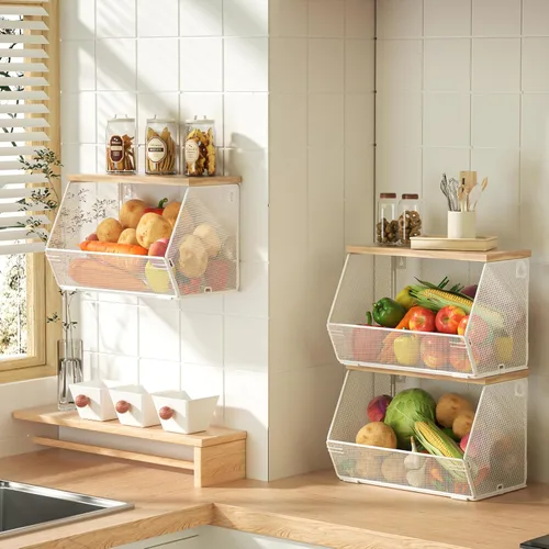 Miniatura 8 de Cesta de frutas apilable para encimera de cocina, ahorro de espacio, cesta de alambre de malla de metal montada en la pared con tapa de madera, Negro