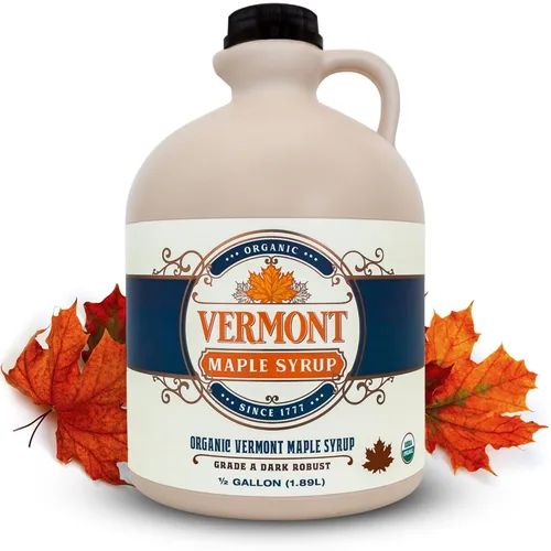 Jarabe de arce Vermont - 64 oz Grado A, jarabe de arce orgánico oscuro y robusto - 100% puro y auténtico jarabe de arce para panqueques, gofres y