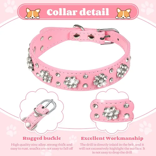 Miniatura 2 de 2 Piezas Collares de Cuero PU para Perro Rosa con Pedrería Collar para Mascotas con Patrón de Flores Collar para Perro con Tachuelas Ajustable