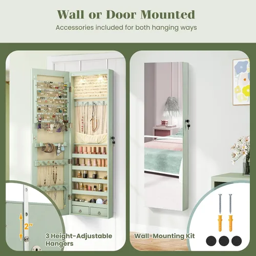 Miniatura 56 de Giantex Armario de joyería para puerta de pared con espejo de longitud completa, 2 LED con cerradura grande organizador de joyas con espejo ancho