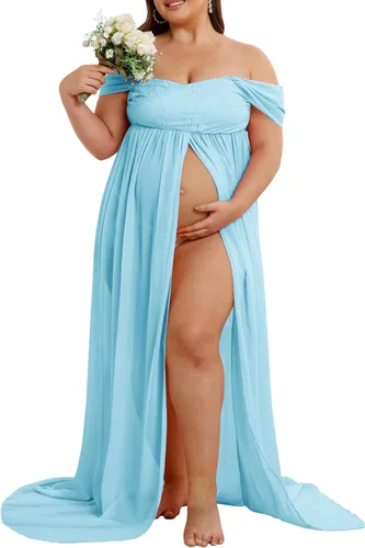 Vestido de maternidad para sesión de fotos con hombros descubiertos, vestido de gasa con abertura frontal, maxi vestidos de embarazo para fotografía