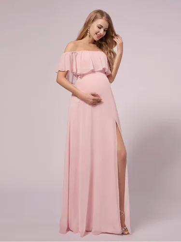 Miniatura 3 de Ever-Pretty Vestido de fiesta de embarazo con hombros descubiertos y abertura lateral larga de gasa con volantes para mujer, vestidos de fotografía