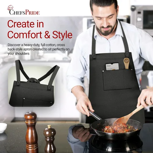 Miniatura 2 de CHEFSPRIDE Professional Chef Apron for Men & Women - 100% Cotton Adjustable Kitchen Chef Apron with Cross Back & Tool Pockets