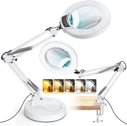 Miniatura 8 de Lámpara de lupa de 10 aumentos con luz y soporte, lámpara de escritorio y abrazadera 2 en 1, Seylae con 5 modos de color, lupa iluminada LED