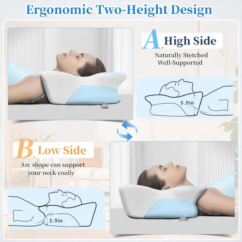 Miniatura 3 de Almohada de espuma viscoelástica cervical para alivio del dolor de cuello - Almohada ergonómica con contorno para dormir de lado, espalda y Azul