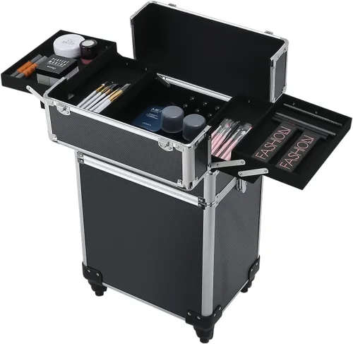 Miniatura 5 de Karl home estuche de maquillaje 4 en 1, carro de cosméticos rodante, organizador de viaje de gran capacidad con llave, ruedas giratorias 360°