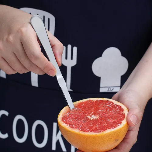 Miniatura 4 de HOMQUEN Juego de 5 cucharas de pomelo, 4 cucharas de acero inoxidable y 1 cuchillo con chapado de titanio, bordes dentados para utensilios (plateado)