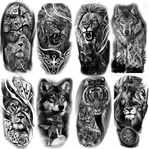 8 hojas de tatuajes temporales de león, lobo, tigre, para hombres y adultos, brújula de vida silvestre realista, calcomanías falsas de tatuaje,