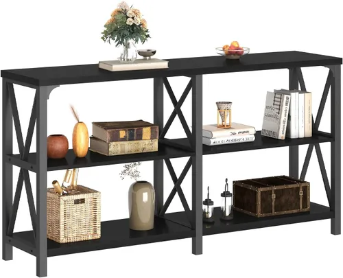 Miniatura 8 de LVB Mesa Consola Negra, Mesa de Entrada Moderna con 3 Niveles de Estantes de Almacenamiento, Mesa de Sofá Industrial Detrás del Sofá para Sala