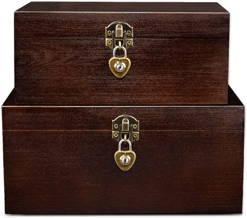 Juego de 2 cajas de almacenamiento de madera con cerradura y llaves, caja decorativa de madera para recuerdos con tapa con bisagras, cofre del