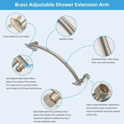 Miniatura 2 de Hibbent Brazo de Extensión para Cabezal de Ducha Totalmente Metálico de 10'', Latón Sólido Flexible Ajustable en Altura y Ángulo, Extensor de Brazo