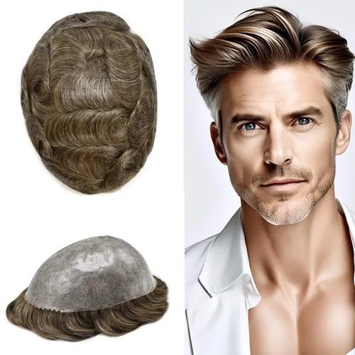 Miniatura 103 de Peluca completa de poliuretano para hombre, sistemas de reemplazo de cabello humano, piel fina y duradera, para hombre, prótesis de cabello