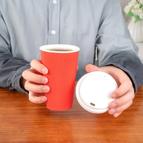 Miniatura 13 de Restaurantware Vasos de café desechables de pared ondulada de 16 onzas, 500 vasos de papel rojo aislados con diseño de borde enrollado, las tapas se