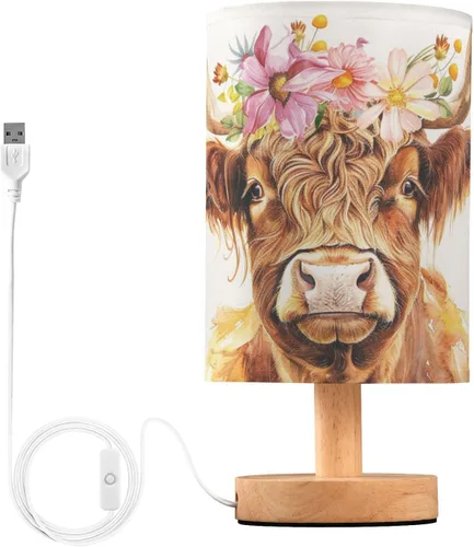 Miniatura 17 de Bedside Table Lamp Cute Highland Cow Animal Nightstand Lamp with Wood Desk Lamps for Bedroom Living Room Nursery Office Home Decor