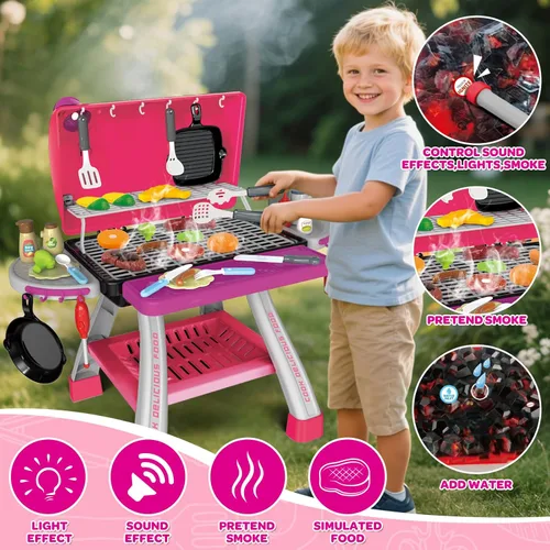 Miniatura 3 de AuroTops Juego de juguetes de cocina rosa, juego de parrilla para niños con humo, sonido y luz, juego de chef, juguetes interactivos de cocina