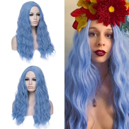 Miniatura 16 de Peluca ondulada azul de 24 pulgadas de largo para mujer, pelucas de fibra resistentes al calor, para Halloween, cosplay, fiesta diaria + gorra (azul)