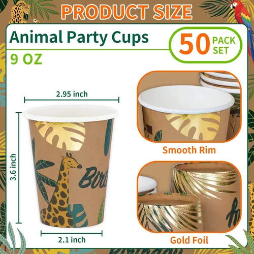 Miniatura 2 de DYLIVeS Vasos de papel de cumpleaños de animales, vasos desechables de safari en la selva, copas tropicales de verano de bosque salvaje, tazas