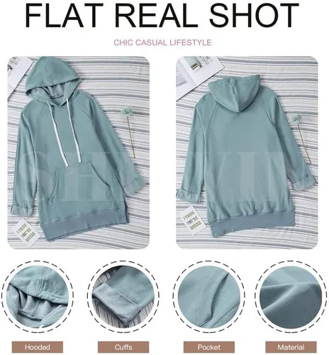 Miniatura 5 de SHEWIN Sudadera de gran tamaño para mujer, manga larga, dobladillo dividido, con bolsillo tipo canguro