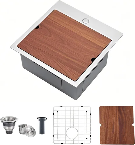 Miniatura 12 de 15x15 Inch Drop In Bar Sinks, Top Mount Handmade Single Bowl Small Kitchen Sink, 16 Gauge Stainless Steel Brushed Nickel for Wet Bar Prep RV Outdoor