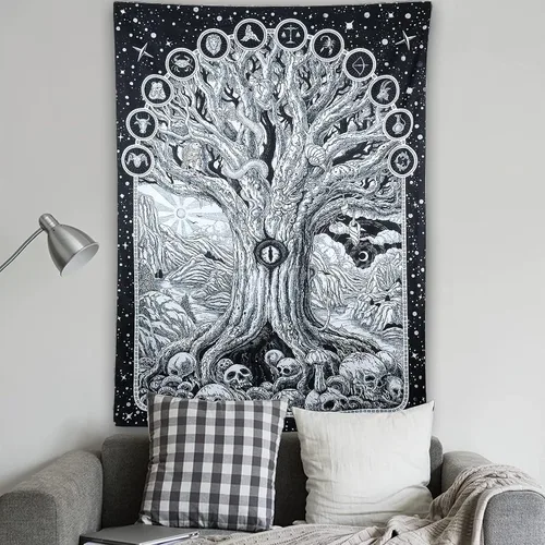 Miniatura 7 de ZYLLGLOW Tapiz del zodiaco con diseño de árbol de la vida en blanco y negro para dormitorio, estético, malvado de ojo, serpiente, sol y luna