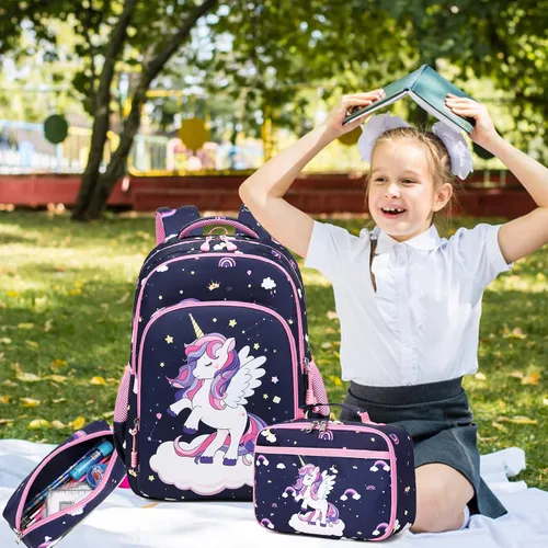 Miniatura 29 de Juego de mochila para niñas con diseño de unicornio, mochila escolar para niños, mochila para libros para niñas, set 3 en 1, regreso a clases