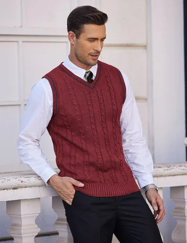 Miniatura 3 de COOFANDY Suéter para hombre, cuello en V, ajustado, casual, sin mangas, tejido trenzado