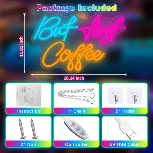 Miniatura 4 de Letrero de neón con texto en inglés «But First CoffeeNeon», «CoffeeLight» alimentado por USB, para cafetería, cafetería, cocina, hogar, bar
