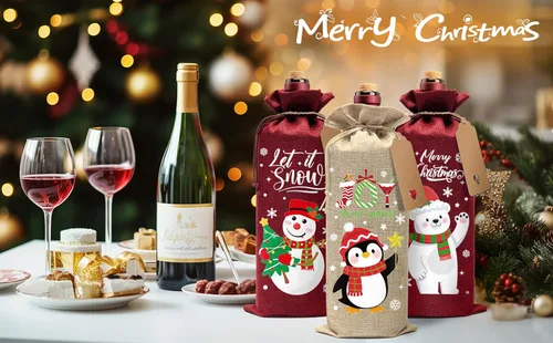 Miniatura 4 de Aoonby 12 piezas de bolsas de vino de arpillera, bolsas de regalo de vino de Navidad para botellas, regalos, bolsa de botella de Navidad con cordón