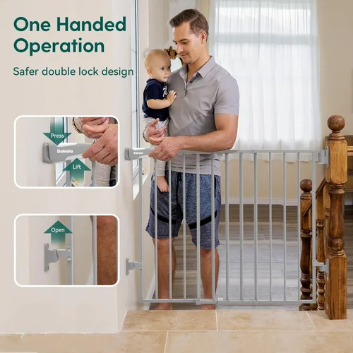 Miniatura 5 de Babelio - Puerta de seguridad para bebés para escaleras, cocina y umbrales, de 66-109 cm de ancho x 71 cm de alto, sin barra inferior Fácil Gris