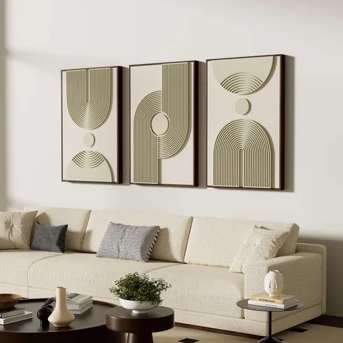 Miniatura 13 de Arte de pared abstracto texturizado 3D para dormitorio, 3 piezas de escultura moderna con marco neutro, pinturas cubistas geométricas de tono tierra