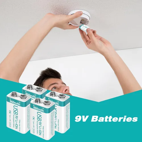 Miniatura 7 de Batería recargable de litio USB de 9 V de 860 mAh con cable de carga 4 en 1, baterías de 9 voltios 6f22 para detectores de humo (paquete de 8)