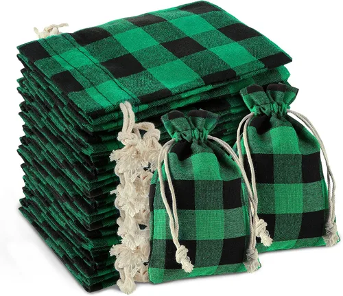 Miniatura 12 de Boao 24 bolsas de Navidad con cordón para regalo de Navidad, a cuadros, de algodón, para suministros de fiesta de dulces de Navidad